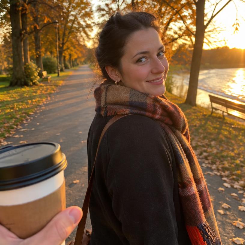 A photo she pinned to Tuesday 29 September: a golden-hour walk with coffee