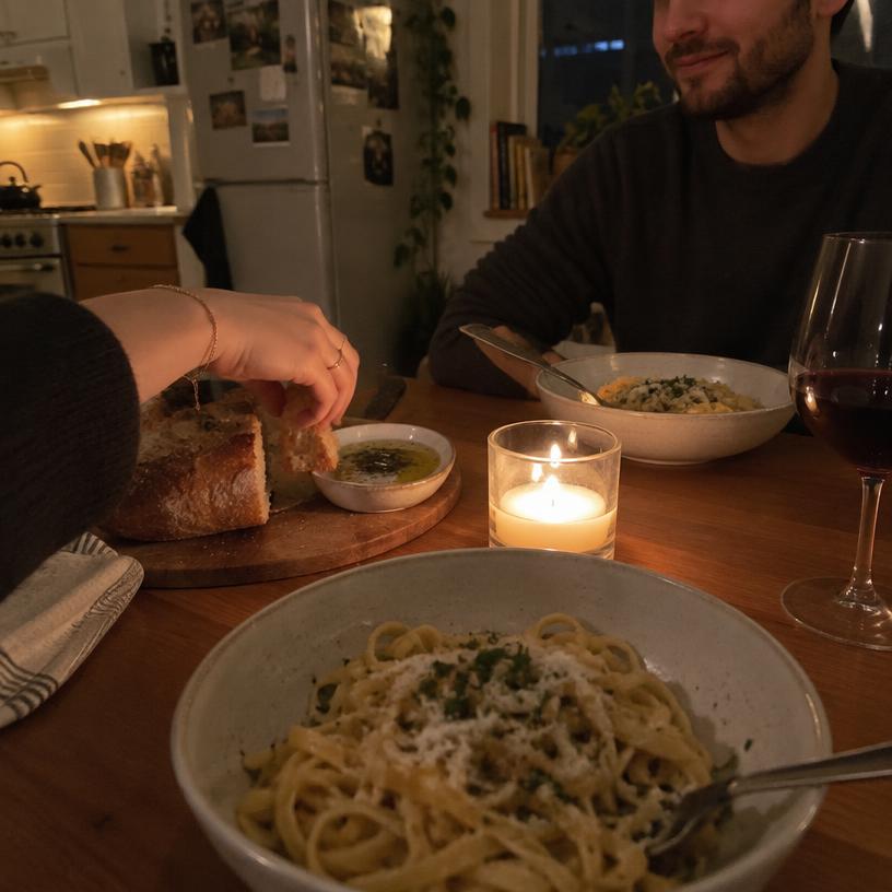 A photo he pinned to Tuesday 29 September: pasta by candlelight at the kitchen table